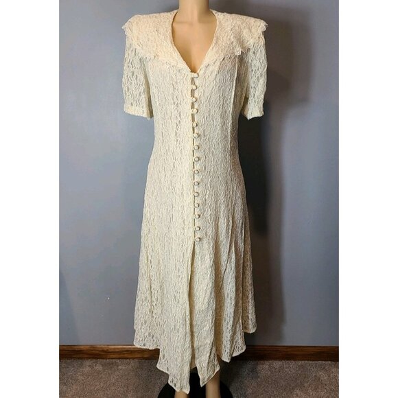 Vtg 90s Lace Romantic Dress Sz 24 Button Front Victorian Fairy Whimsical Cream - Picture 1 of 14